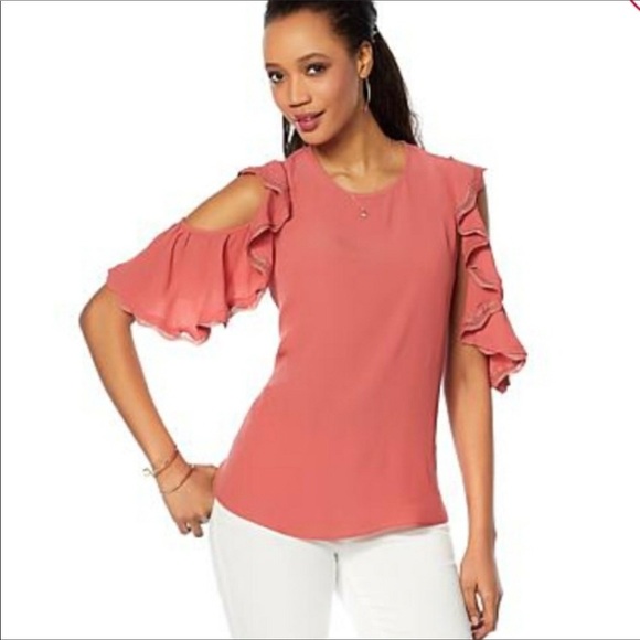Eva Longoria Cold Shoulder Ruffle Sleeve Top - Picture 1 of 11